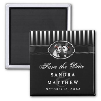 Black & White Halloween Skeletons Stripe Save Date 2 Inch Square Magnet by juliea2010 at Zazzle