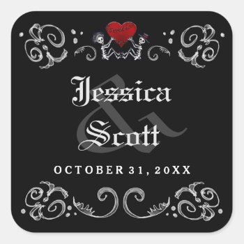 Black White Halloween Skeletons Wedding Names Date Square Sticker by juliea2010 at Zazzle