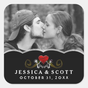 Black & White Halloween Skeletons Wedding Photo Square Sticker by juliea2010 at Zazzle