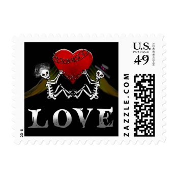 Black & White Halloween Skeletons With Heart Love Postage Stamps by juliea2010 at Zazzle