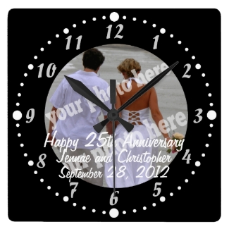Black White Happy Anniversary Photo Clock Square