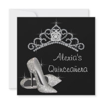 Black White High Heels Tiara Black Quinceanera Custom Announcements