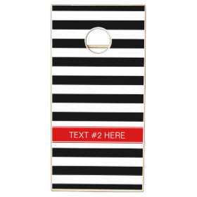 Black White Horz Preppy Stripe Red Name Monogram Cornhole Sets