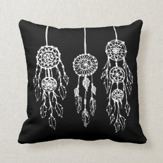 Black & White Illustrated Bohemian Dreamcatchers Throw Pillow