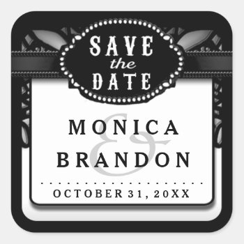 Black & White Lace Save The Date Wedding Label Square Sticker by juliea2010 at Zazzle