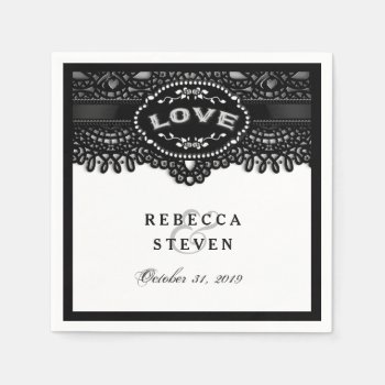 Black & White Lace Wedding Love With Names Standard Cocktail Napkin by juliea2010 at Zazzle