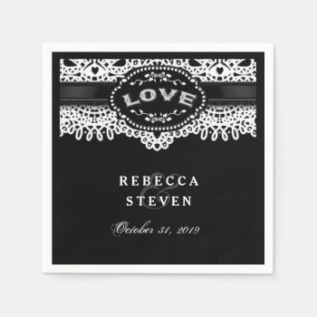 Black & White Lace Wedding Skeleton With Names Standard Cocktail Napkin by juliea2010 at Zazzle