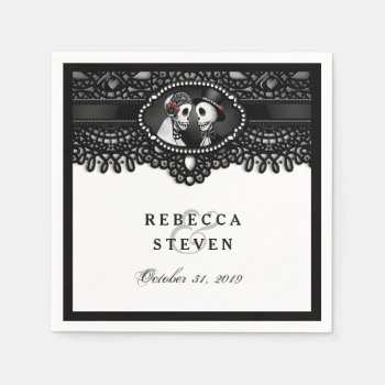 Black & White Lace Wedding Skeleton With Names Standard Cocktail Napkin by juliea2010 at Zazzle