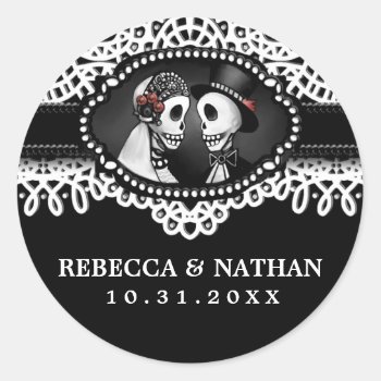 Black White Lace Wedding Skeletons Envelope Label Classic Round Sticker by juliea2010 at Zazzle