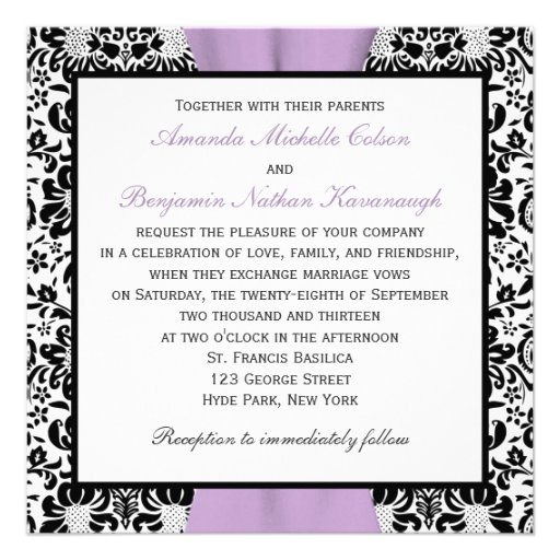Black White Lavender Damask PRINTED RIBBON Announcement