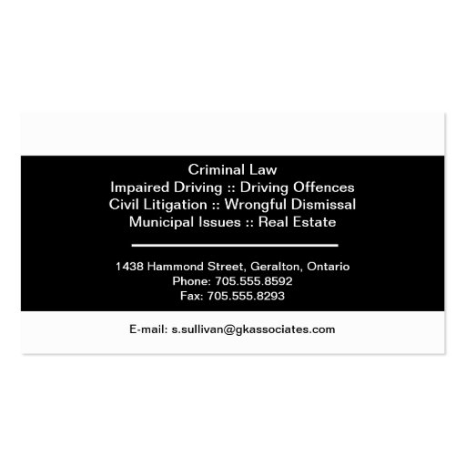 Black & White Law Business Card - Lawyer Attorney (back side)