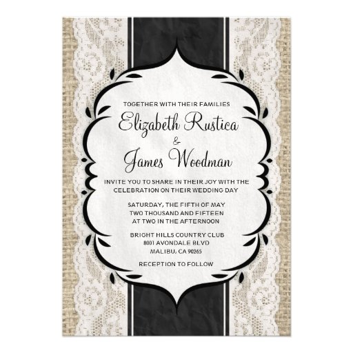 Black White Linen Burlap Lace Wedding Invitations