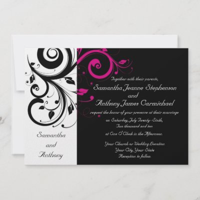 Black White Magenta Bold Swirl Wedding Invitations by CustomInvites