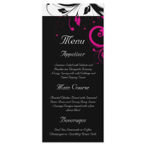 Black + White Magenta Reverse Swirl Wedding Menu Rack Cards