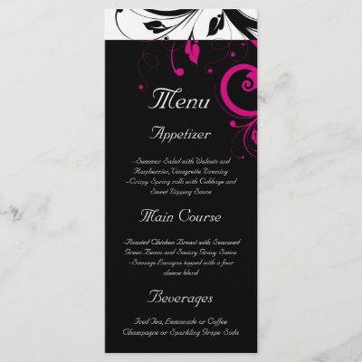 Black White Magenta Reverse Swirl Wedding Menu Rack Cards by CustomInvites