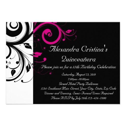 Black, White, Magenta Swirl Quinceañera Announcements