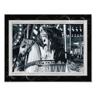 Black White Merry Go Round Carousel Horses Photo