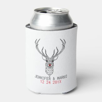 Black & White Modern Christmas Red Nose Deer Can Cooler