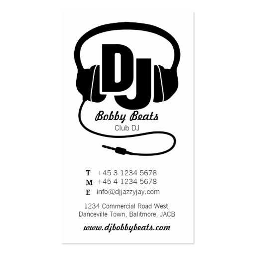 Black & white mono DJ promoter business card (front side)
