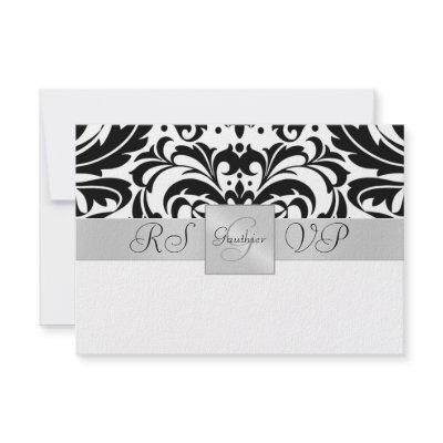 Black & White Monogram Half Damask RSVP Invitation by theedgeweddings