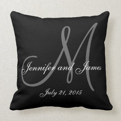 Black White Monogram Names Wedding Keepsake Pillow