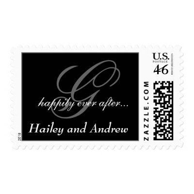 Black White Monogram Names Wedding Postage Stamps