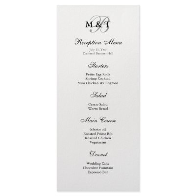 Black & White Monogram Reception Menu Customized Rack Card by InspiredWeddings