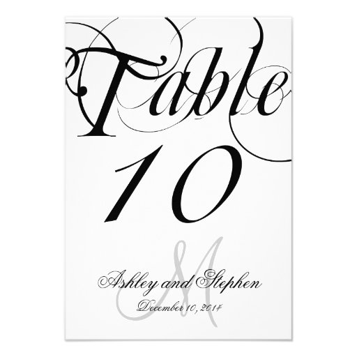Black White Monogram Wedding Table Number Card (front side)
