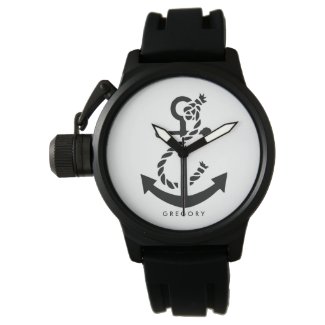 Black & White Nautical Boat Anchor Illustration Wristwatch