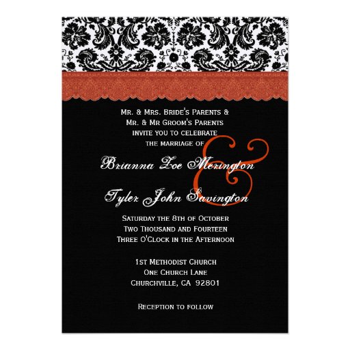 Black White Orange Lace Flower Damask Wedding V04 Custom Invitation
