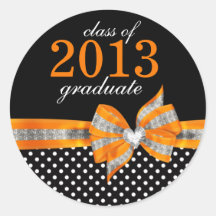Black White Orange Polka Dot Graduation Seal Round Stickers