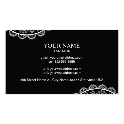 Black & White Ornate Lace Pattern Business Card Template (back side)