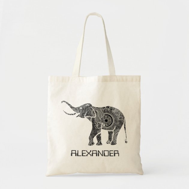Black & White Ornate Swirls Elephant -Custom Tex Budget Tote Bag