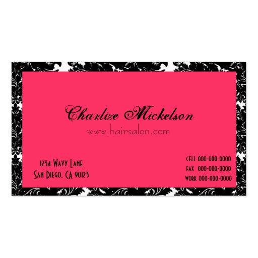 Black & White Pearl PINK Damask Business Card (back side)