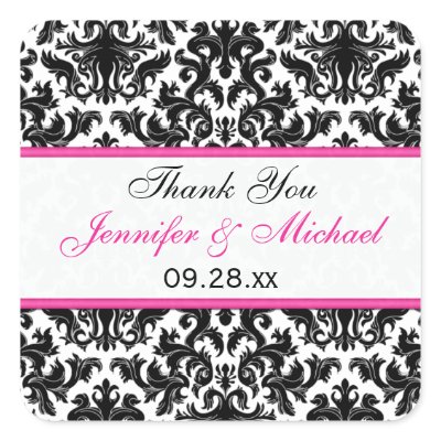 Black White Pink Damask 1.5' Wedding Favor Sticker