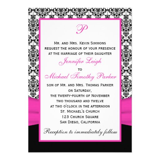 Black White Pink Damask & Hearts Photo Invitation