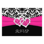 Black, White, Pink Damask & Hearts Reply Card Custom Announcement