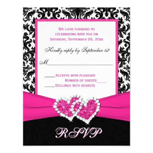 Black, White, Pink Damask & Hearts Reply Card Announcement