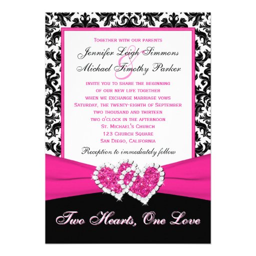 Black White Pink Damask Hearts Wedding Invitation