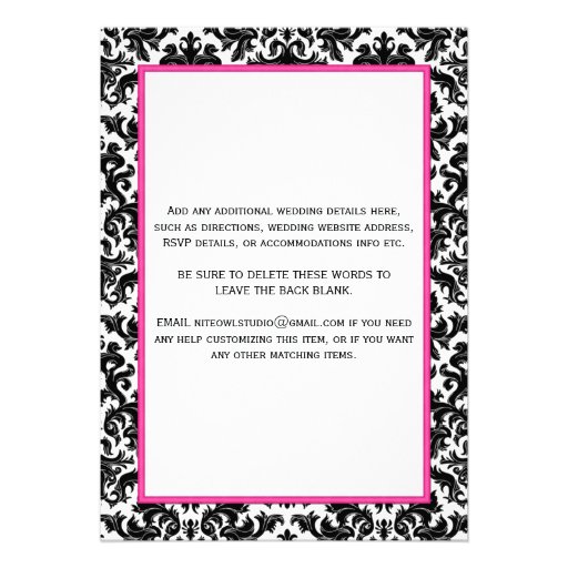 Black White Pink Damask Hearts Wedding Invitation