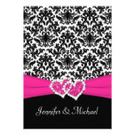 Black White Pink Damask Hearts Wedding Invitation