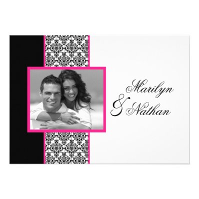Black White Pink Damask Photo Wedding Invite