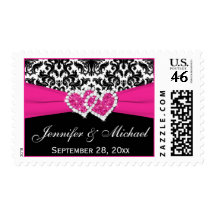 Black White Pink Damask Wedding Postage