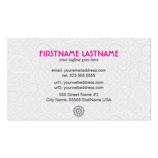 Black White & Pink Elegant Paisley Pattern Business Card Template (back side)