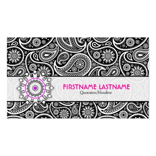 Black White & Pink Elegant Paisley Pattern Business Card Template (front side)
