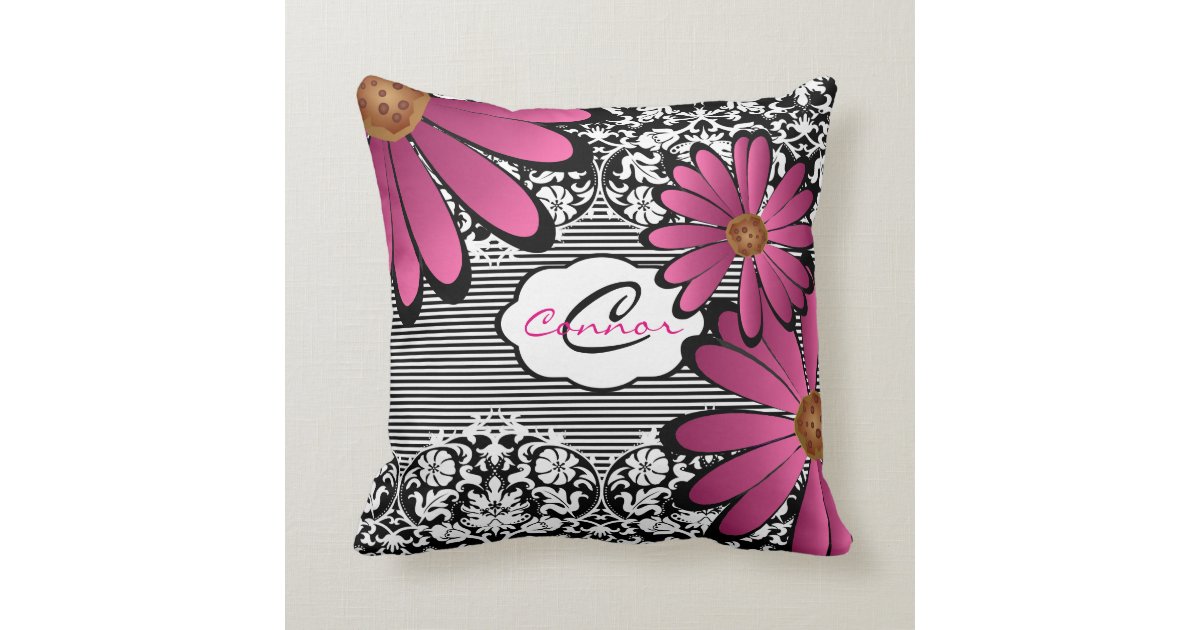 Black, White & Pink Floral Damask & Stripes Throw Pillow Zazzle