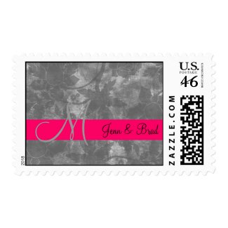 Black White Pink Floral Monogram M Wedding Postage stamp