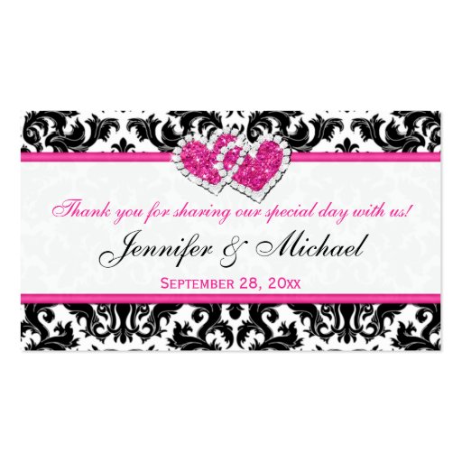 Black, White, Pink Joined Hearts Damask Favor Tag Business Card (front side)