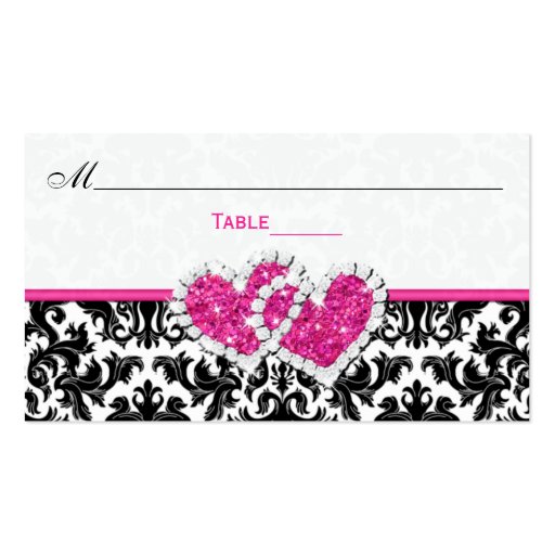 Black, White, Pink Joined Hearts Damask Place Card Business Card Template