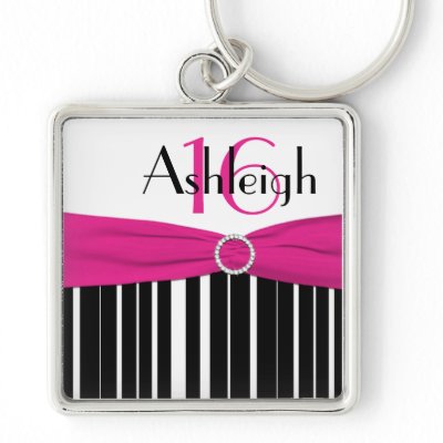 Black, White, Pink Striped 16 Keychain with Name by NiteOwlStudio